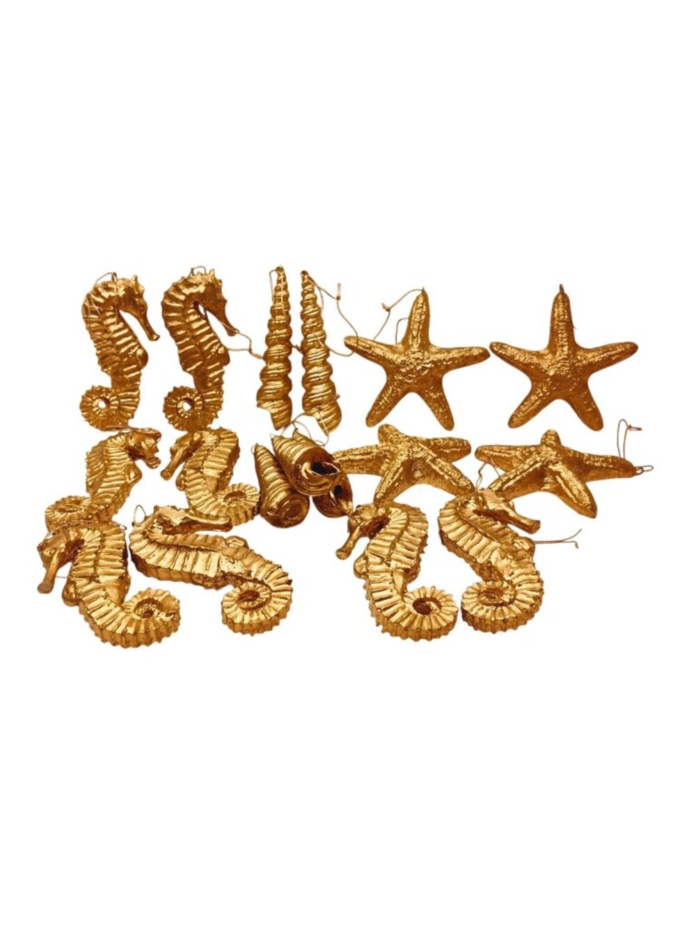 Gold Ocean Themed Christmas Ornaments Lot of 17 Sea Shells Starfish Seahorses